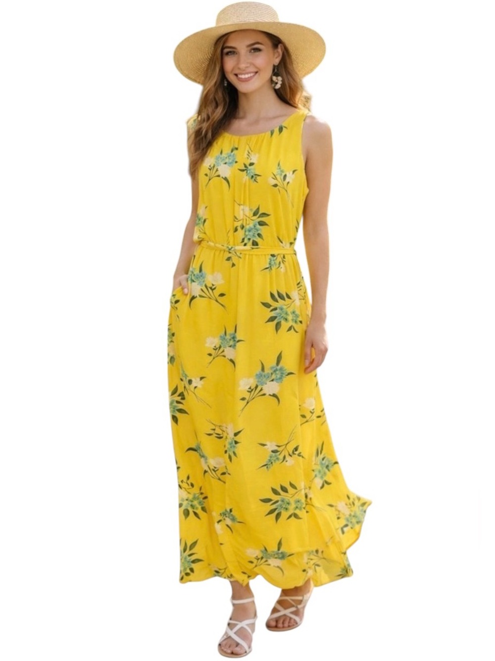 NWT Sharagano Yellow Blue Floral Pleated Maxi Dress Size 14 Tie Waist Lined
